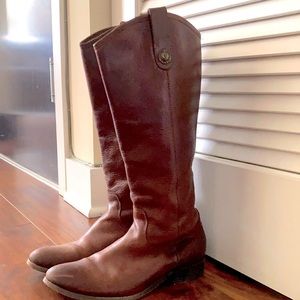 Frye tall boots; cognac, size 7. Well-worn.
